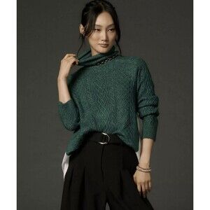 Anthropologie Cable Knit Sweater Womens L Green Layered Mixed Media